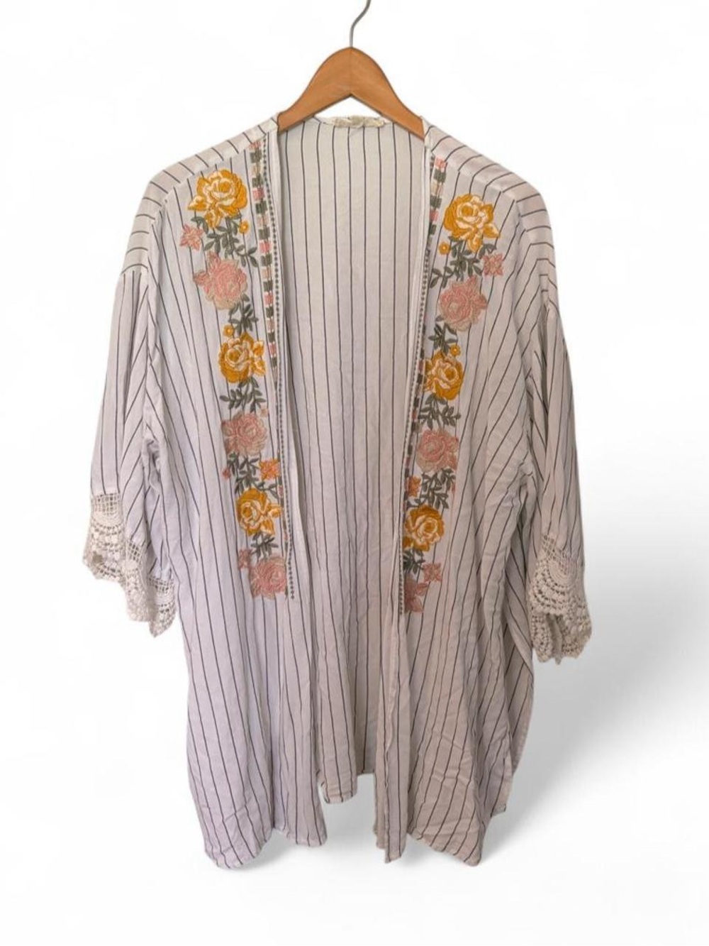 Entro Striped Embroidered Floral Kimono - White with Yellow & Pink Roses L